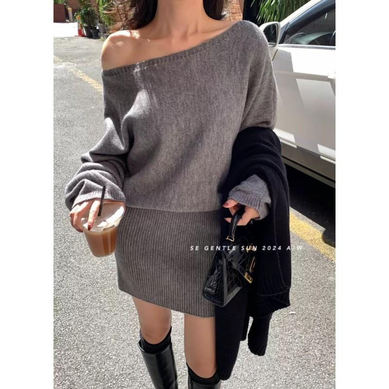 Womens Off-Shoulder Long Sleeve Knit Dress Slim Fit Casual Winter Sweater With Waist Belt