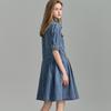 Demana Women's Lapel Puff Sleeve Pleated Denim Dress
