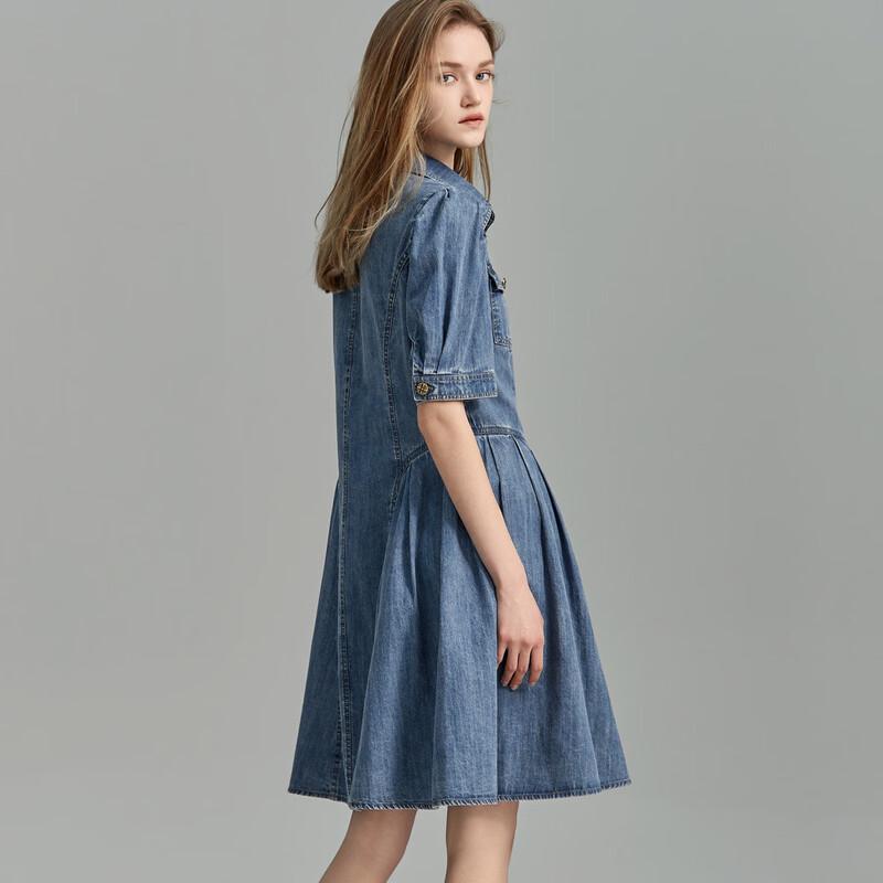 Demana Women's Lapel Puff Sleeve Pleated Denim Dress