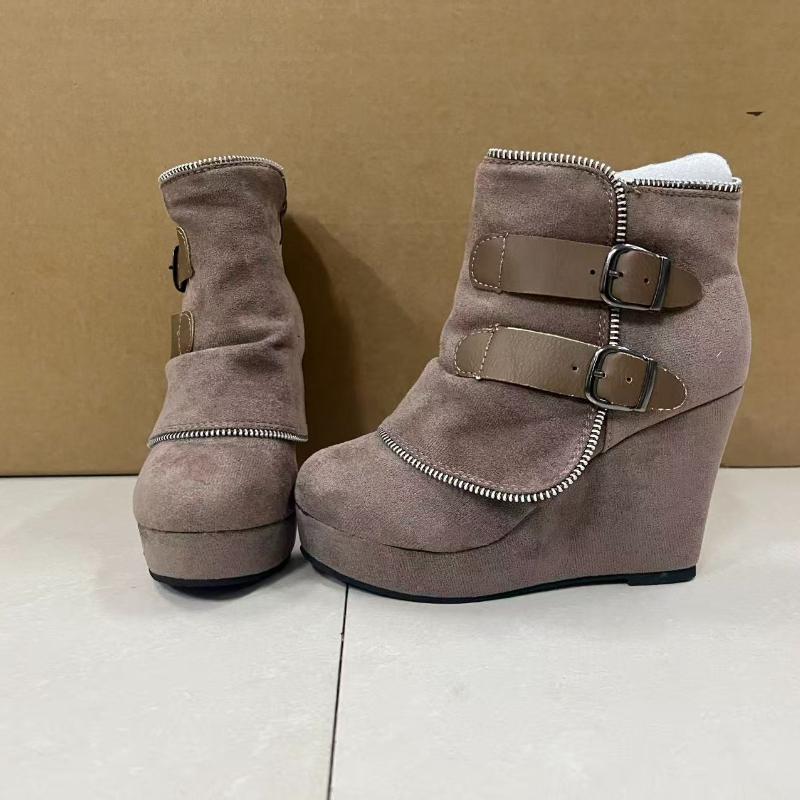 Women's Boots Zip Womens High Heels Suede Fashion Wedge Heels Durable Retro Women Ankle Boots Round Head Bottes Femmes