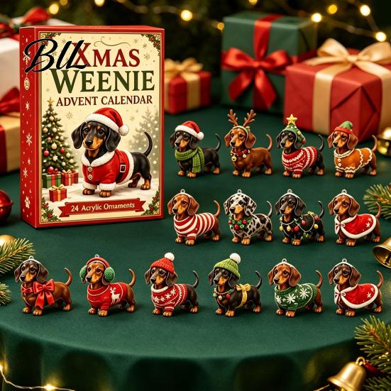 Ferienhaus Dekoration 3D Dackel Adventskalender mit 24 Einzigartigen Mini-Hundefiguren, Weihnachten Kreatives Geschenk Countdown Spielzeug Set für Kinder, Sammlerstück