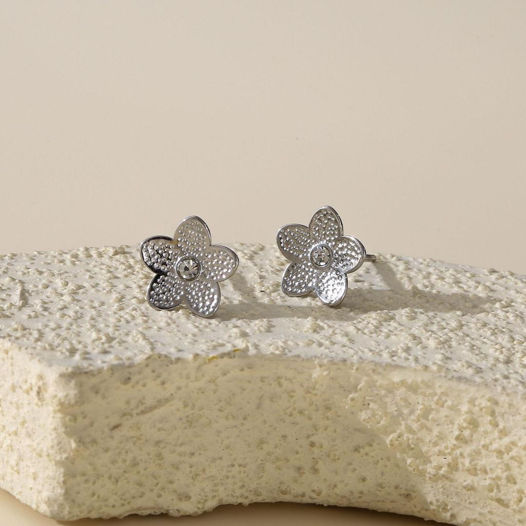 304 Stainless Steel Five-Petal Flower Earrings with Cubic Zirconia