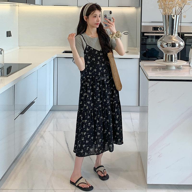 

2026 Summer Korean Style Maternity Cotton & Chiffon Two-Piece T-shirt Dress 2XL квітковий/чорний