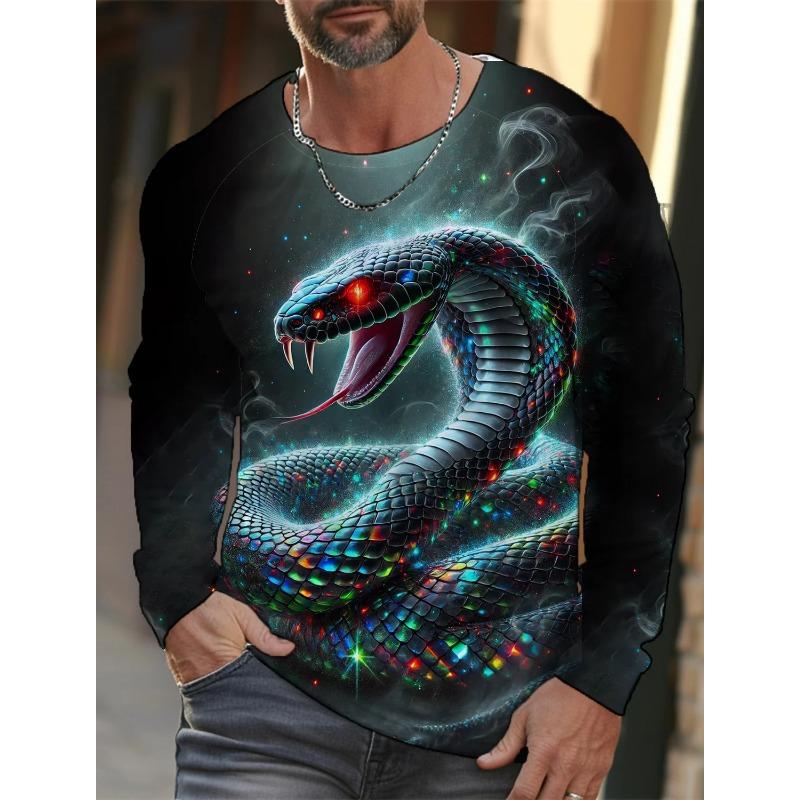 Spring and Autumn Round Neck 3D Snake Pattern Printed Top Fashionable Casual Long Sleeved Men's T-shirts
