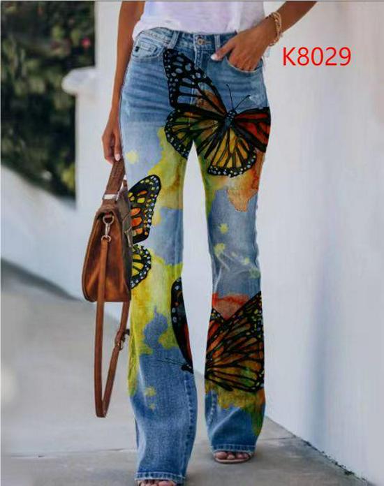 2023 Plus Size European & American Butterfly Faux Denim Micro-flare Pants