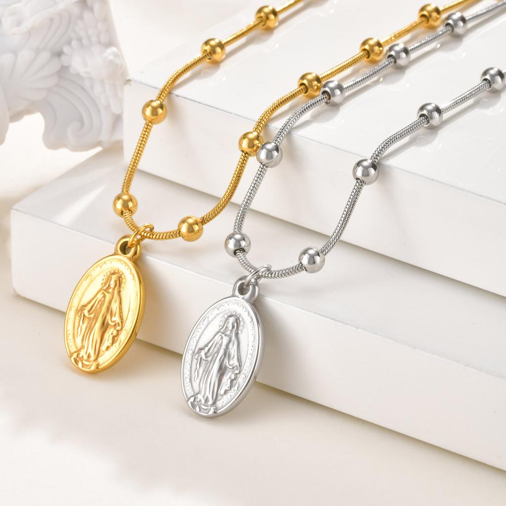 Holy Virgin Rosary Necklace for Women,Stainless Steel Bead Snake Chain Necklaces,Classic Religion Jewelry Gift
