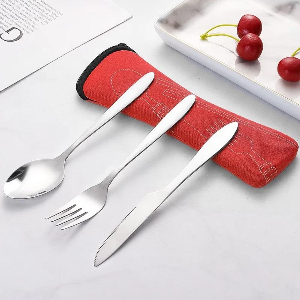 3Pcs Tableware Stainless Steel Cutlery Set Knife Fork And Spoon  Dinnerware  Case Travel Camping Accessories With Portable