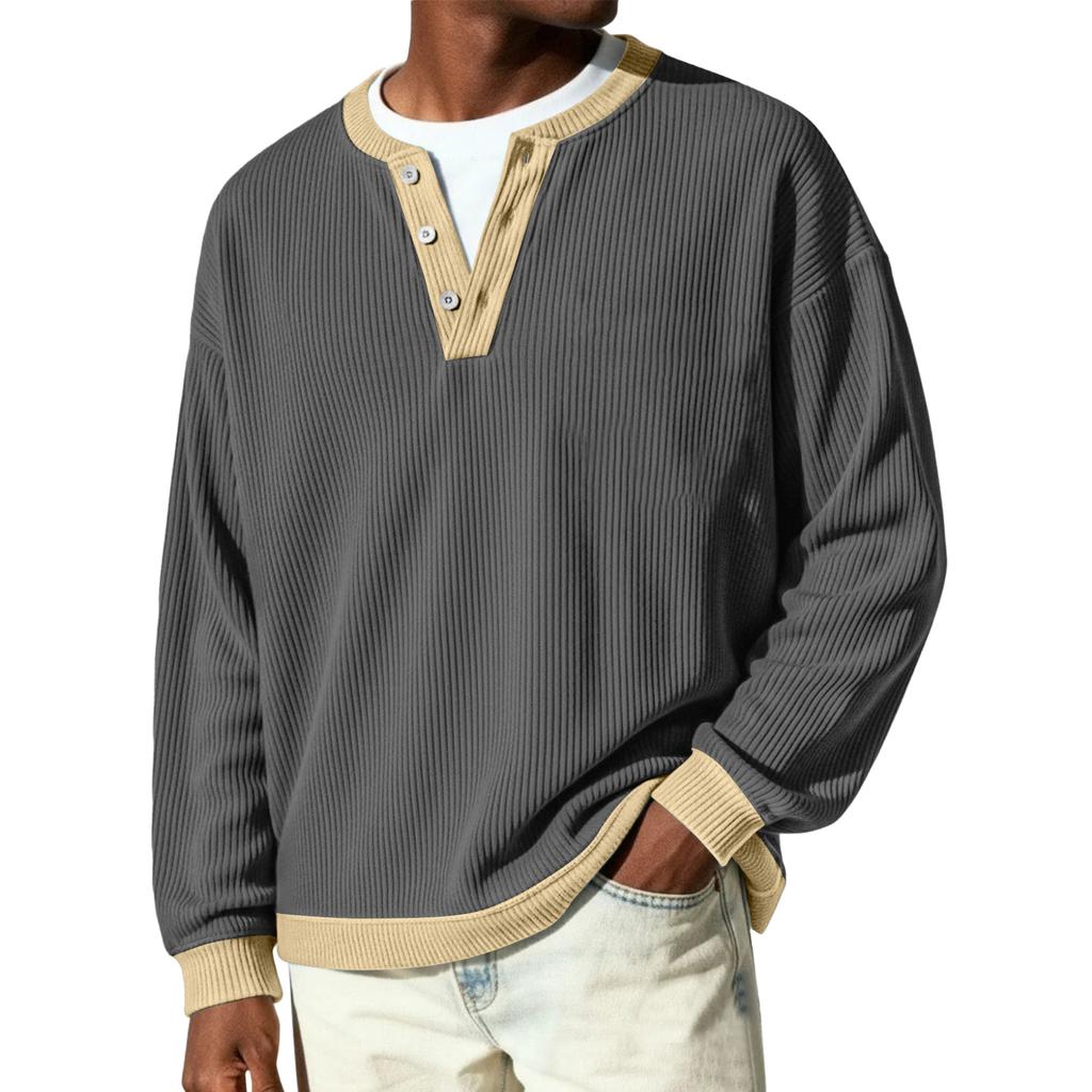 Men's Button-Down Collar Long-Sleeve Ribbed Knit Pullover