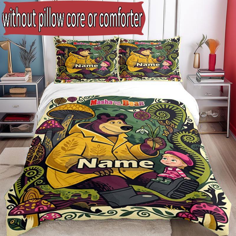 3pcs Duvet Cover Set (1*Duvet Cover + 2*Pillowcase, Without Core), Custom Name Masha and the Bear Pattern Bedding Set, Home Bedroom Decor Gift