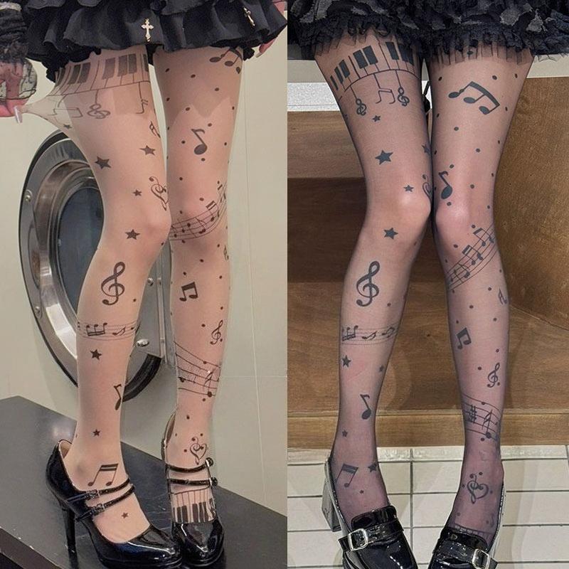 Women  Stocking Gothic Music Notes Print Tights Thin High Elasticity Black Skin Leggings Spicy Girls Y2K Hosiery