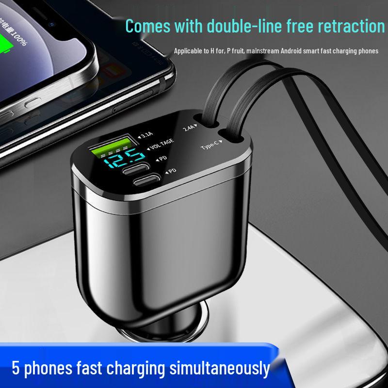 Digital Display Car Charger with Retractable PD Cable - Fast 5-in-1 Cigarette Lighter Charger