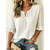 Women's Tie Keyhole Neck Blouse, White Base Tiny Pink Ditsy Floral Scroll Print, Loose Fit for Spring Summer Daily Outfits