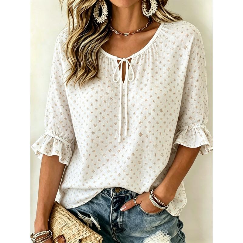 Women's Tie Keyhole Neck Blouse, White Base Tiny Pink Ditsy Floral Scroll Print, Loose Fit for Spring Summer Daily Outfits