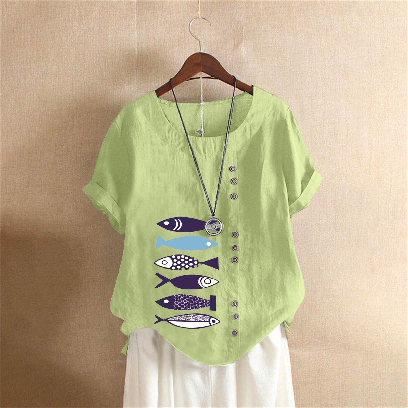 

2025 Retro Plus Size Cotton Linen Short Sleeve Pullover T-shirt in Purple Fish 5XL