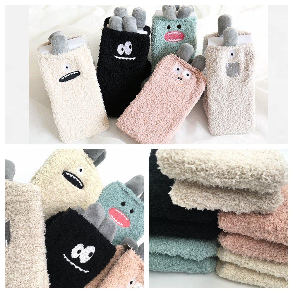 Sandy Ting Thick Fluffy Winter Cute and Short Socks for Sizes Monster "5-Pair Set" Women's Socks, Warm, Sleeping, 22-25cm (Cute Design)