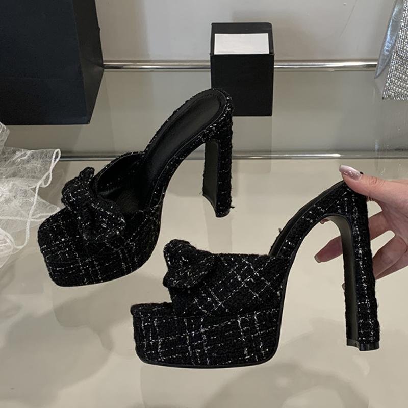 Fashion Liyke Fashion Pink Cloth Bowknot Designer Sandal Square Toe Super High Heels Platform Slippers Women Summer Party Banquet Shoes