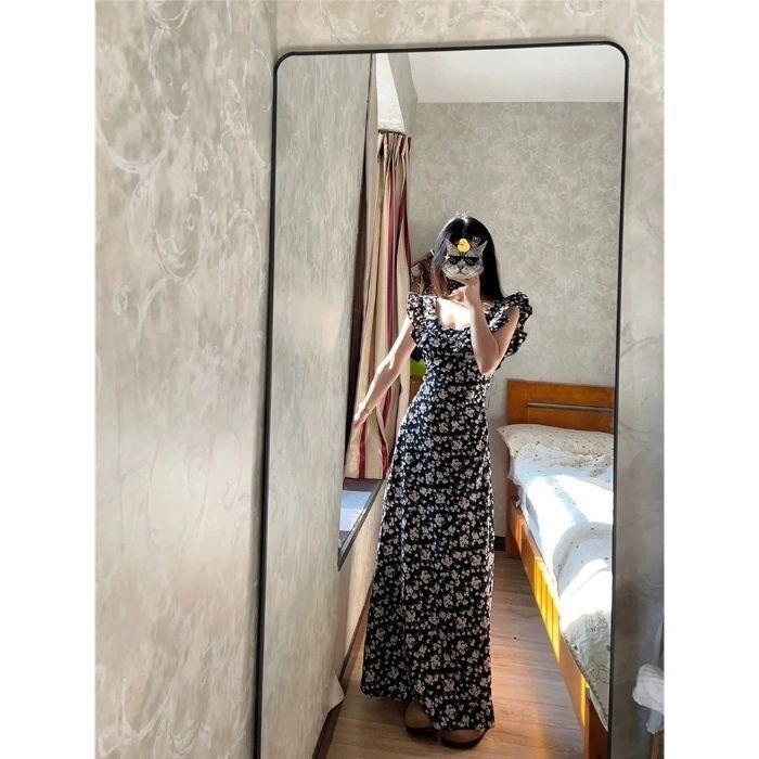 French small flying sleeve temperament high-end floral dress summer new celebrity long dress children S