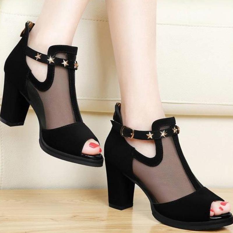 High Heels Zip Mesh Hollow Breathable Women's Sandals Summer 2025 Comfortable Luxury Trend Designer Original Offers Ladies Shoes