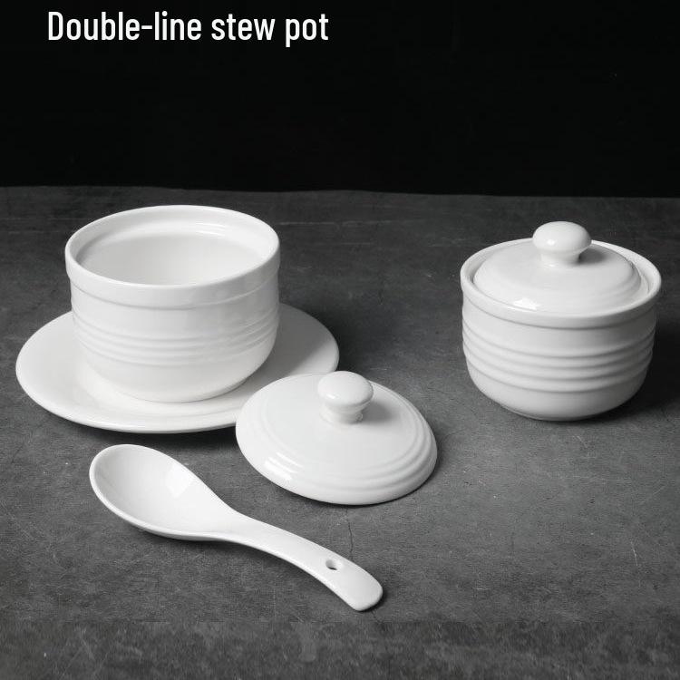 Bird's Nest Ceramic Stew Pot with Lid - Double Boiler Steaming Bowl for Soup & Steamed Egg, Pure White Tableware