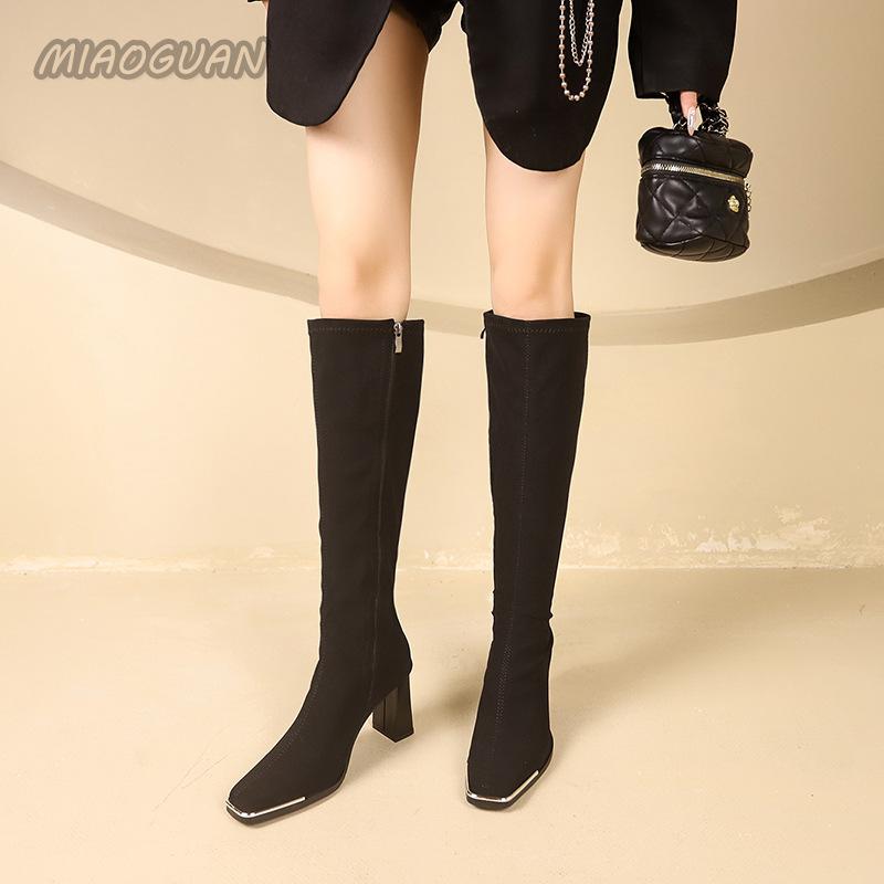 Fashion Autumn Winter Women Knee High Boots Sexy Square Head High-heeled Long Boots Female Shoes Retro Soft Leather Back Zipper Botas