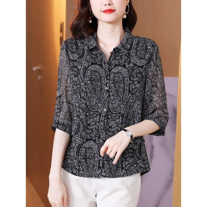 Chiffon Short Wide Lady Summer Dress New National Style Retro Three-quarter Sleeve Mom Style Floral Shirt Top