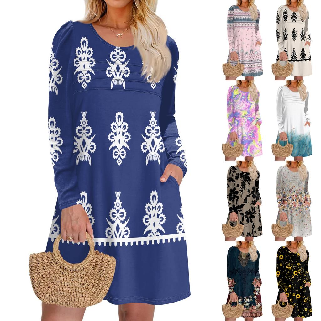 Damklänning med lång ärm Höst Casual T-shirt Lös passform Plisserad framsida Klänningar med fickor