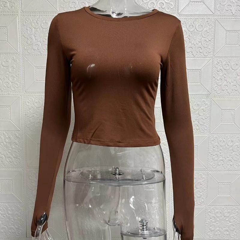 

Весенняя повседневная футболка с длинным рукавом, женская мода, тонкий облегающий крой, однотонный круглый вырез, пуловер, футболки, женские элегантные однотонные топы, женская одежда 26219 L темно-коричневого