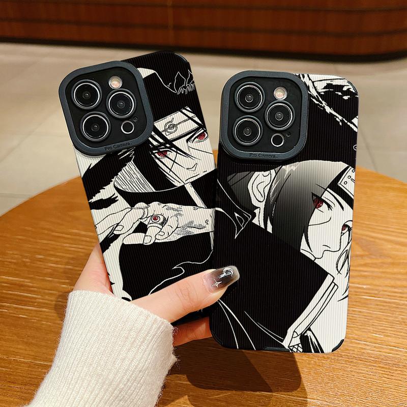 Vertical Grain Leather Shell Uchiha Itachi Printed Cover Patterned Soft Silicone Case with Camera Lens Full Protection for iPhone