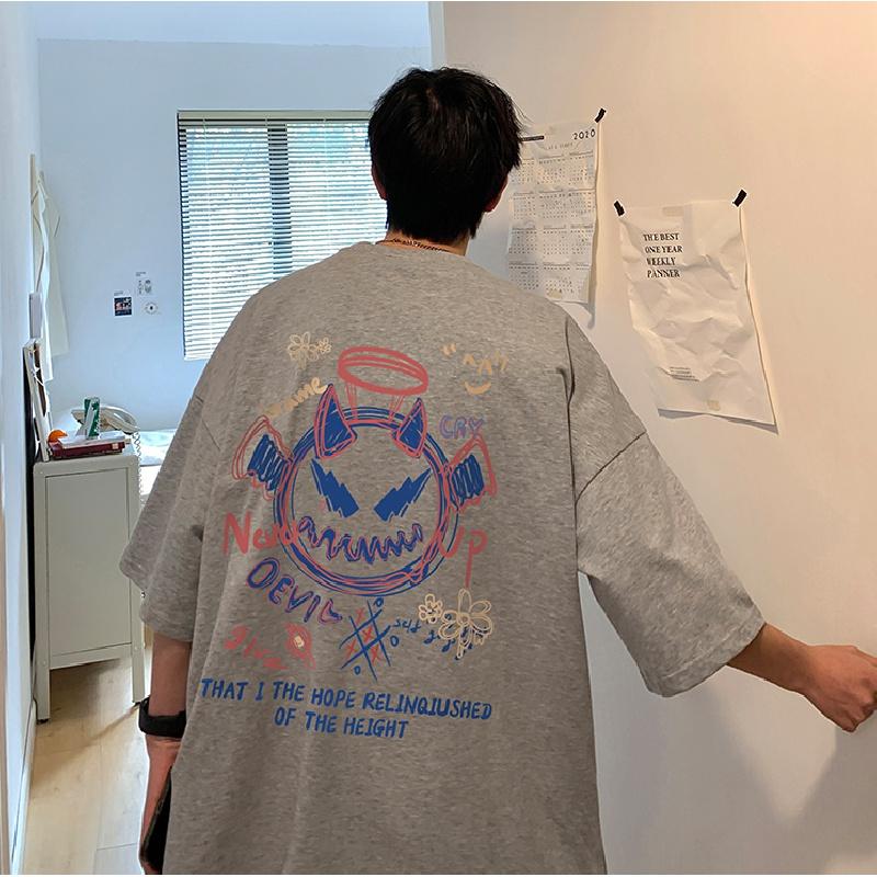 Мужские футболки с коротким рукавом с буквенным графическим принтом модные футболки с короткими рукавами мужская одежда повседневная футболка мужские летние топы в корейском стиле ретро для 5XL светло-серый 1159₽