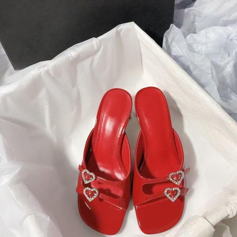 Rhinestone Love Square Head One-word High-heeled Slippers Fairy Open-toed High-heeled Shoes Temperament Thick-heeled Sandals 2025 Summer