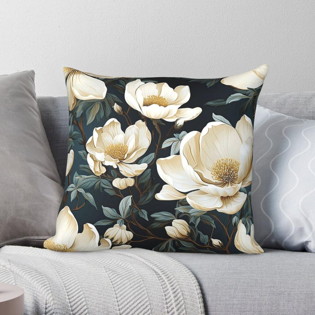 Classic Navy Magnolias Square Pillowcase Polyester Linen Velvet Pattern Zip Decor Pillow Case Home Cushion Cover x