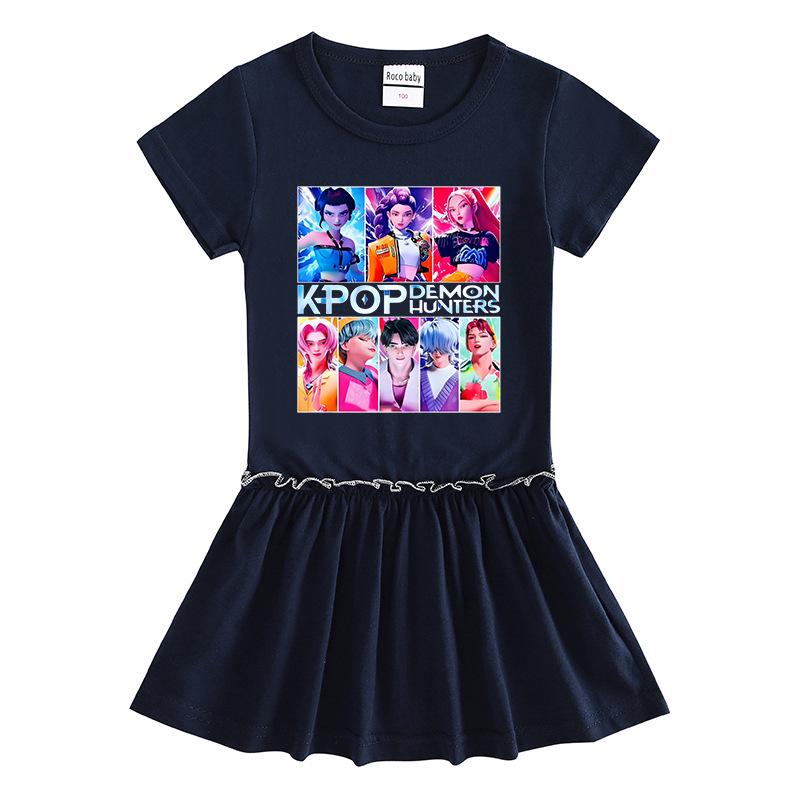 Kpop Witcher Girls Cartoon Pleated Short-Sleeve Summer Dress for Kids