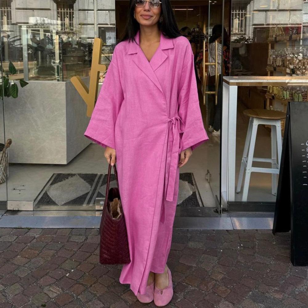 LYRIA Casual Loose Pink Cotton Dress Ladies Fashion Lapel Long Sleeve Ankle Length Dress Elegant Lace-Up Dresses For Women