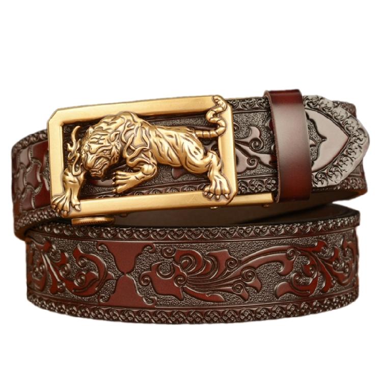 Classical Men Leather Belt with Convenient Automatic Buckle and Carved Beast Buckle Chinese Beast Head