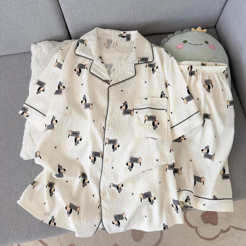 Korean Cloud Cotton Cartoon Couple Pajamas Set - Short Sleeve Cardigan & Shorts
