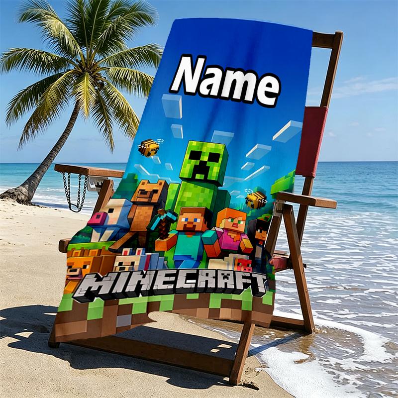 Custom Name Personalized Minecraft Print Beach Towel, for Trip Camping Beach Party Home Decor, Birthday Gift for Family & Friends