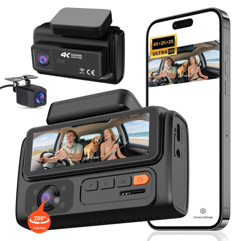 4K 2/3-Lens Dash Cam, WiFi, Night Vision, Phone Sync, 24-Hour Parking Monitor