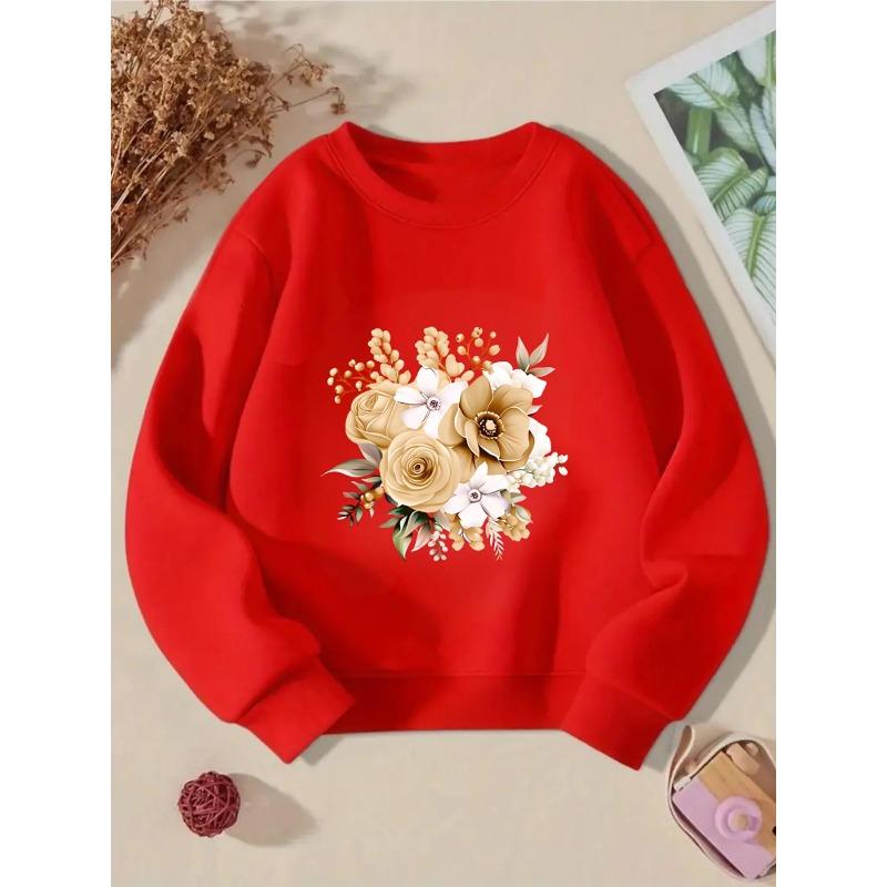 Girls' Round-Neck Hoodie | Golden Roses White Flowers Berries, Machine Washable, Spring and Autumn