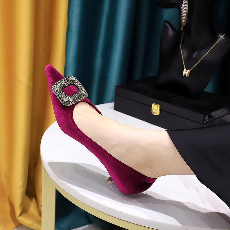 237-K83 Banquet European and American Style Women's Shoes, Thin Heel, Medium Heel, Shallow Mouth, Pointed Head, Thickened Suede Metal Rhinestone Buc