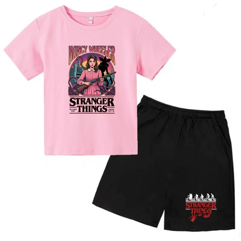 

Kids Cool Summer Hot Sale T-shirt Anime Film Pink Top Boys Girls Short Sleeve+Shorts Two-piece Casual Sports Trend Set 110