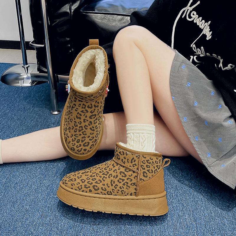 Winter snow boots women's short tube thickened bread shoes velvet warm leopard print cotton boots