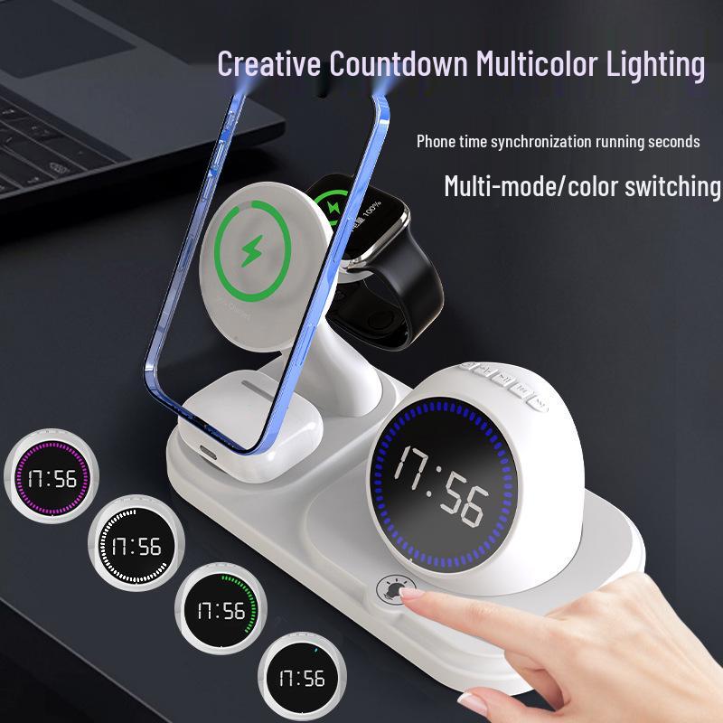 Six-in-One Magnetic Wireless Charger: Clock, Light, Bluetooth Speaker for Apple Devices