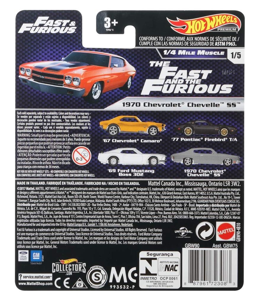 Hot Wheels Fast Furious Premium Assortment 1970 Chevrolet Chevelle SS Red & [GBW90]