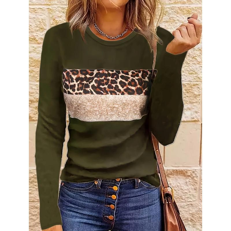Women Fashion Leopard Printed T-Shirts Basic Casual O Neck Full Long Sleeve Tee Shirts Ladies Chic Knitted Tops