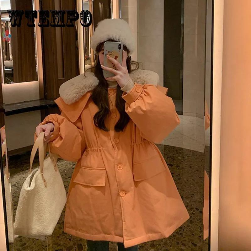 

Зимняя стеганая куртка в корейском стиле с лацканами, стеганая куртка с большим меховым воротником, женское толстое теплое хлопковое пальто средней длины