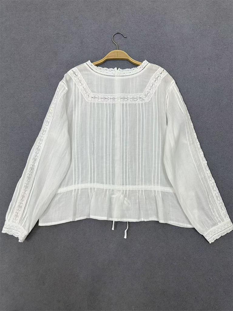 Johnature Japanese Lace Neckline Shirts Spring Summer Pressed Panel Ramie Pullover Thin Loose Casual Shirts Women