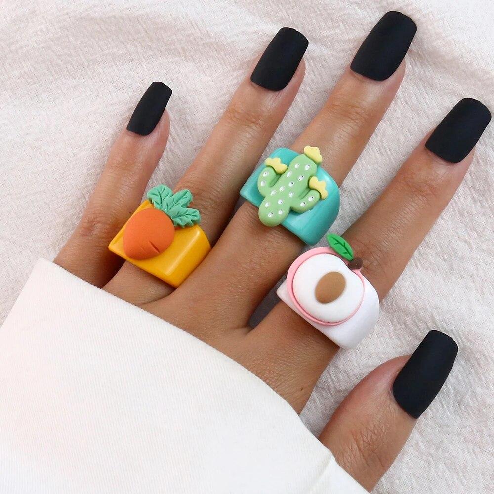 Cartoon Fruit Ring Women Fashion Korean Cute Animal Resin Acrylic Ring Set Christmas Birthday Party Gift Jewelry for Female Girl