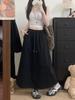 Plus Size Korean A-line Solid Color Mid-length Skirt - Spring/Summer Casual Style with Drawstring and Spliced Design