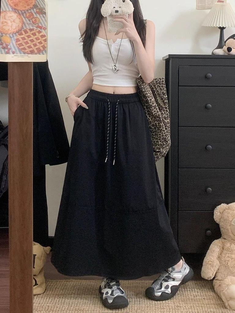 Plus Size Korean A-line Solid Color Mid-length Skirt - Spring/Summer Casual Style with Drawstring and Spliced Design
