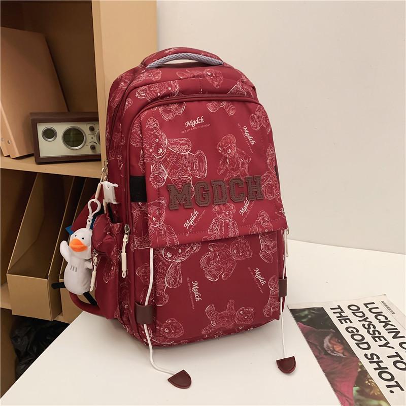 

Backpack for female junior high school students, simple printed bear, large-capacity schoolbag, new trendy college student couple computer back Single pack красный